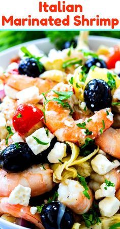 Italian Marinated Shrimp with artichoke hearts, olives, and feta cheese #appetizer Marinate Shrimp, Avocado Recipe, Shrimp Salad Recipes, Marinated Shrimp, Shrimp Appetizers, Bacon Avocado, Mustard Chicken, Seafood Salad, Roasted Red Pepper