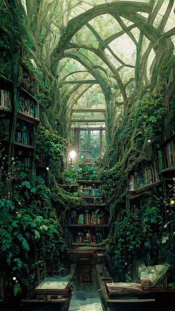 Reclaimed By Nature, Magical Library, Art Program, Fantasy Rooms, Library Aesthetic, Fantasy House, Fantasy Places, Fantasy Art Landscapes, Fantasy Aesthetic