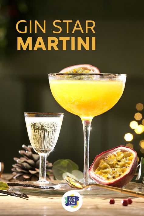 Cocktail Of The Month, Christmas Gin Cocktails Recipes, Christmas Cocktails Gin, Gin Holiday Cocktail, Passionfruit Gin Cocktail, Festive Gin Cocktails, Savory Gin Cocktail, Passionfruit Cocktail, Mango Passionfruit