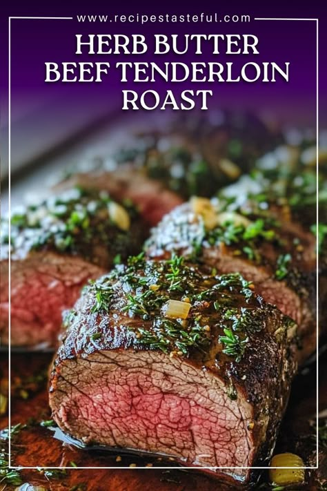 This Herb Butter Beef Tenderloin Roast is a show-stopping dish perfect for any special occasion. The tenderloin is coated in a rich herb butter made with fresh rosemary, thyme, and garlic, seared to perfection, and roasted to your desired doneness. It’s a flavorful and elegant main course that will impress your family and guests alike. Compound Butter For Beef Tenderloin, Oven Baked Beef Tenderloin Recipes, Beef Tenderloin Seasoning Recipes, Roast Beef Fillet Recipes, Reverse Sear Beef Tenderloin Roast, Rub For Beef Tenderloin, Whole Beef Tenderloin Recipes Oven, Beef Tenderloin Recipes Grilled, Tenderloin Recipes Beef