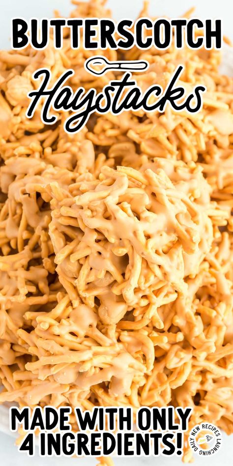 These butterscotch haystacks are made with crispy chow mein noodles, gooey butterscotch chips, creamy peanut butter, and salty peanuts. Peanut Butter Haystacks, Crispy Chow Mein, Chocolate Chip Cookie Bowls, Ritz Cracker Toffee, Butterscotch Haystacks, Crispy Chow Mein Noodles, Brunch Christmas, Haystacks Recipe, Haystack Cookies