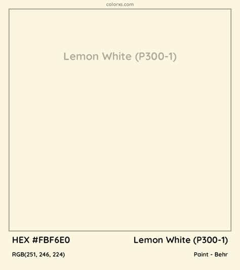 Behr Lemon White (P300-1) Paint color codes, similar paints and palettes Bright Cream Paint Colors, Best Pale Yellow Paint Color, Yellow White Paint Colors, Pale Yellow Paint Colors, Light Yellow Paint Colors, Pale Yellow Kitchens, Pale Yellow Paints, Beach House Paint Colors, Light Yellow Paint