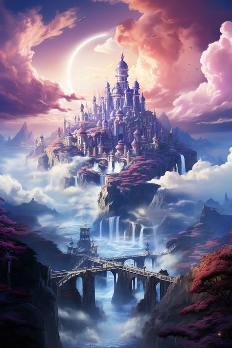 Whimsical Architecture, City In The Clouds, Fantasy Landscape Art, Background Fantasy, Kingdom City, Floating Architecture, Dreamy Artwork, Cloud City, Heaven Art