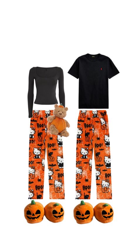 #halloween #spooky #fall #couple #aesthetic #matching #black #orange #plush #pjs #slippers #jellycat Couple Matching Pjs Halloween, Matching Pjs For Couples Halloween, Matching Christmas Outfits For Couples, Matching Couples Pjs, Halloween Loungewear, Matching Halloween Pjs, Matching Xmas Pjs, Matching Pjs For Couples, Fall Couple Aesthetic