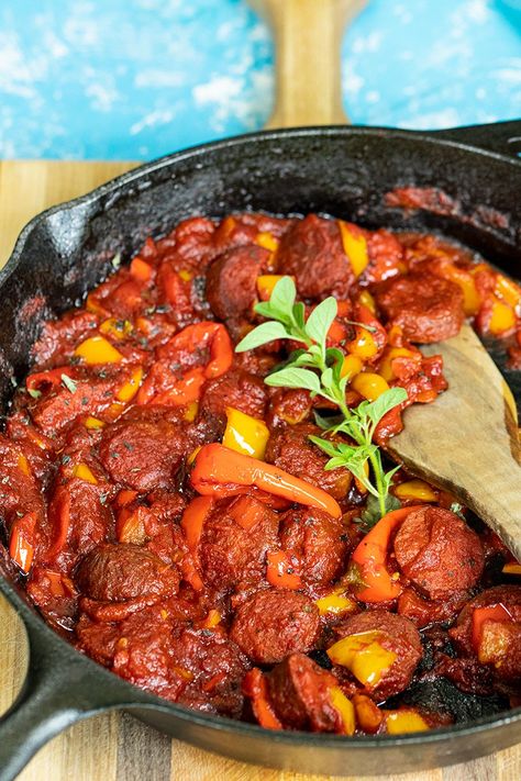 Greek Sausage & Peppers: Spetzofai - Dimitras Dishes Essen, Greek Sausage, Sausage And Peppers Recipe, Dimitras Dishes, Sausage Peppers, Eating Good, Best Sausage, Sweet Bell Peppers, Sausage And Peppers