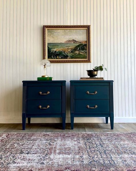 Painted Nightstand Ideas, Muted Dark Blue, Blue Nightstand, Night Stands Bedroom, Vintage Nightstands, Blue Bedroom Furniture, Blue Nightstands, Painted Night Stands, Staging Furniture