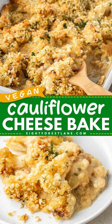 This vegan cauliflower cheese is the most delicious way to eat cauliflower. With a rich, creamy and cheesy sauce (without using any vegan cheese!) and a flavourful and crunchy golden breadcrumb topping, this cauliflower bake can be enjoyed as a side dish or on its own as a vegetarian main meal. Think mac and cheese but healthier! Cauliflower Mac And Cheese Vegan, Vegan Cheesy Cauliflower, Vegan Cauliflower Cheese, Vegan Cauliflower Mac And Cheese, Vegan Cauliflower Casserole, Cauliflower Vegan, Vegan Baked Mac And Cheese, Plant Based Cauliflower Recipes, Cauliflower Recipes Vegan