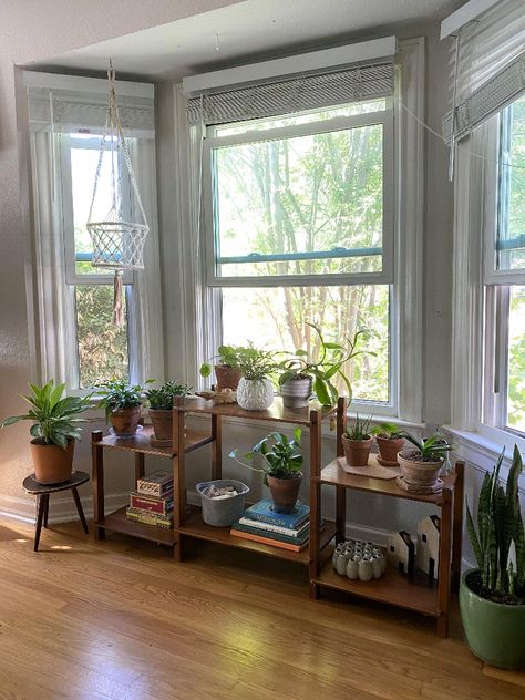 Bench With Plants Indoor, Plant Table Indoor Window, Plants Organization Indoor, Bay Window With Plants, Bay Window Plants, Plant Nook, Plant Organization, Plant Bench, Bay Window Table