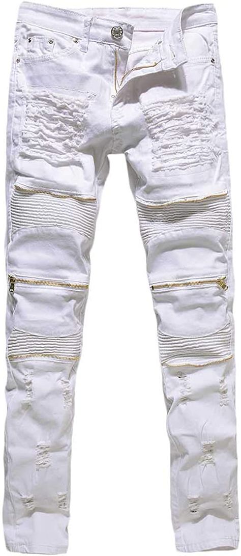 Rexcyril Men's Moto Biker Jeans Distressed Ripped Skinny Slim Fit Denim Pants with Zippers White W34 at Amazon Men’s Clothing store White Pants For Men, Ripped Biker Jeans, Pants With Zippers, White Pants Men, White Ripped Jeans, Ripped Jeans Men, Men Photoshoot, Biker Jeans, Fashion White