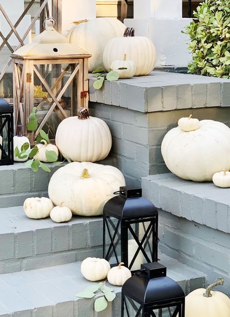 Fall Front Porch With a Side of Eucalyptus - Thistlewood Farm Yard Sale Signs, Thistlewood Farms, The Enneagram, Metal Pumpkins, Faux Pumpkins, Vintage Lanterns, Fall Front Porch, Fall Decorations Porch, Fall Front