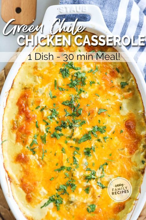 YUM! This Creamy Green Chile Chicken Casserole is comforting, delicious, and the perfect easy casserole recipe for a busy night. Loaded with southwest flavor, this casserole is made easy with shredded rotisserie chicken, green chiles, cream of chicken soup, and simple spices. With just 10 minutes of prep, you can have this 30 min meal in the oven and baking to perfection. This easy family dinner is a crowd pleaser! Chicken Chili Casserole Recipes, Green Chicken Chili Casserole, Green Chili Chicken Casserole With Rice, Chicken Chile Relleno Casserole, Green Chili Chicken Enchiladas Casserole, Chicken Green Chili Casserole, Mexican Chicken Casserole Recipes, Chicken Mexican Casserole, Green Chile Chicken Casserole