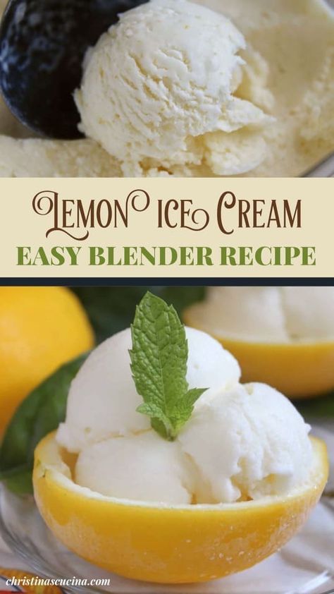 Lemon ice cream is so refreshing, and this recipe is so incredibly easy to make! No ice cream maker necessary, just a blender! Frozen Lemon Ice Cream, Lemon Sorbet Recipe Without Ice Cream Maker, Blender Sorbet Recipes, Lemon Sorbet Without Ice Cream Maker, Blender Lemon Pie Recipe, No Ice Cream Maker Ice Cream, Emulsion Blender Recipes, Blender Ice Cream Recipes, Lemon Ice Recipe