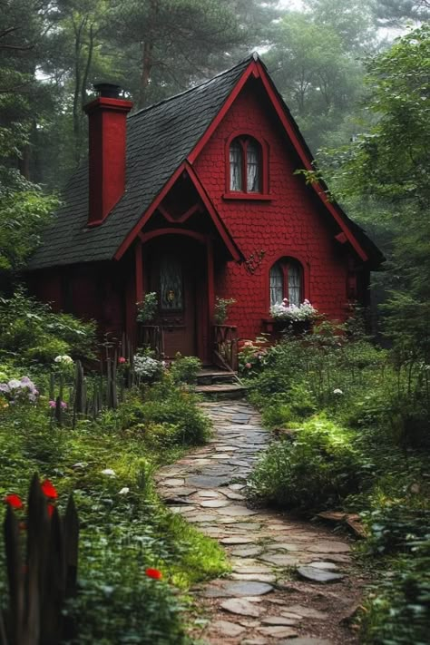 Red fairytale cabin in the woods with a lush garden with stone path and fence. Unveil the magic and whimsy of fairytale houses, where architecture meets the charm of your favorite childhood storybooks. A Frame Cottage House Exterior, Small Cabin Cottage, Red Cottage Exterior, Farm Life House, Aesthetic Cabin In The Woods, Farmhouse In Woods, Tiny Home In Woods, Cottagecore House Design, Witchy Cottage Exterior