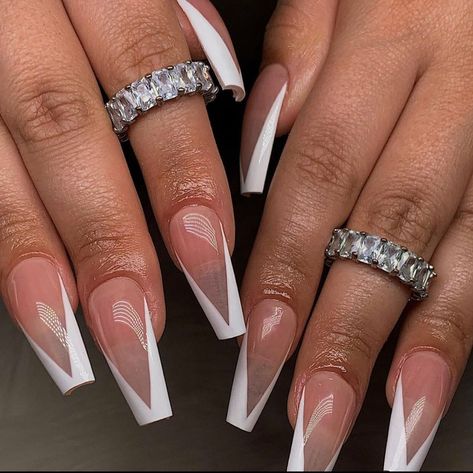 white v french tip White V French Tip, V French Tip, Nails Graduation, Tapered Square Nails, Nails Coffin Short, Tapered Square, White Acrylic Nails, French Tip Acrylic Nails, Long Acrylic Nails Coffin