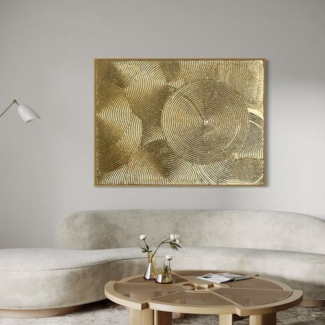 "Golden Circles" a perfect modern textured painting for your home ✨ The circles in the painting represent life's cycle and how we're all connected. Each circle is like someone's journey, but they're all tied together, showing how diverse yet unified life is. The texture inside the circles shows how rich and deep our experiences are, while the shiny gold leaf bits stand for those moments that really shine and teach us something important. Altogether, they tell a story about bouncing back, ... Texture Leaf Painting, Homes Luxury, Texture Paste, Golden Circle, Wood Slice Ornament, Textured Painting, Textured Art, Painted Leaves, Wood Slices