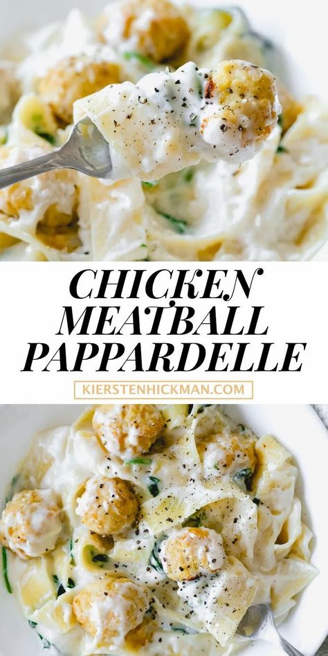 Chicken Meatball Pasta Recipe, Creamy Pasta And Meatballs, Chicken Meatball Stroganoff, Chicken Meatballs Pasta, Chicken Meatballs With Pasta, Meatball White Sauce Recipes, Chicken Pappardelle Recipes, Chicken Meatball Dishes, Easy Dinner Ideas For Party