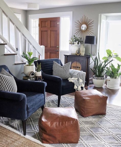 Cottage Living Room Kitchen Combo, Dark Sofa Decorating Ideas, Minted Art Prints Living Room, Masculine Living Room Decor House, Blue And White Living Room With Brown Leather Sofa, Navy Blue Leather Couch Living Rooms, Navy Furniture Living Room, Navy Leather Couch Living Rooms, Navy Boho Living Room