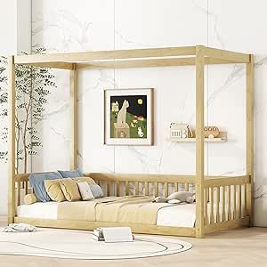 Twin Size Canopy Bed Frame with Guardrails for Kids,Floor Bed Twin with Four Poster Design,Kids Montessori Floor Bed,Wood Canopy Bed Frame for Girls,Boys(Twin,Natural) Twin Canopy Bed Frame, Floor Bed Twin, Twin Floor Bed, Kids Floor Bed, Twin Canopy Bed, Poster Design Kids, Wood Canopy Bed, Montessori Floor Bed, Floor Bed Frame