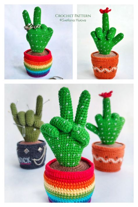 Crochet Hands Pattern, Cactass Crochet Pattern, Mood Cactus Crochet, Crochet Mood Cactus, Mood Cactus Crochet Pattern, Crochet Middle Finger Cactus, Crochet Fence Post Cactus Free Pattern, Crochet Love Cactus Free Pattern, Crochet Cacti Pattern Free