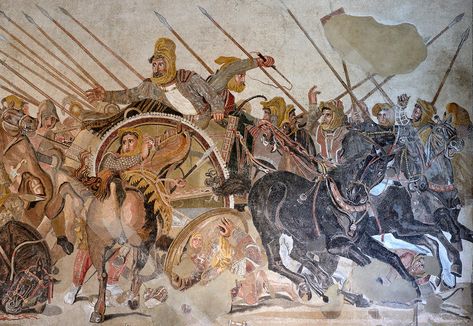 Battle of Alexander and Darius (close-up). Mosaic from Pompeii (House of the Faun, VI 12, 2, exedra). 125—120 BCE. Inv. No. 10020. Naples, National Archaeological Museum (Photo by Ilya Shurygin). Pompeii, Art, Mosaic, Horses, Naples, Alexander