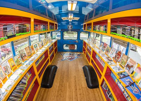 Books Bus Rolls by Ridgeview Elementary | Oklahoma City Thunder Kids Bus, School Bus Tiny House, Converted School Bus, Library School, Mobile Library, Bus Interior, School Bus Conversion, Dream Library, Library Architecture