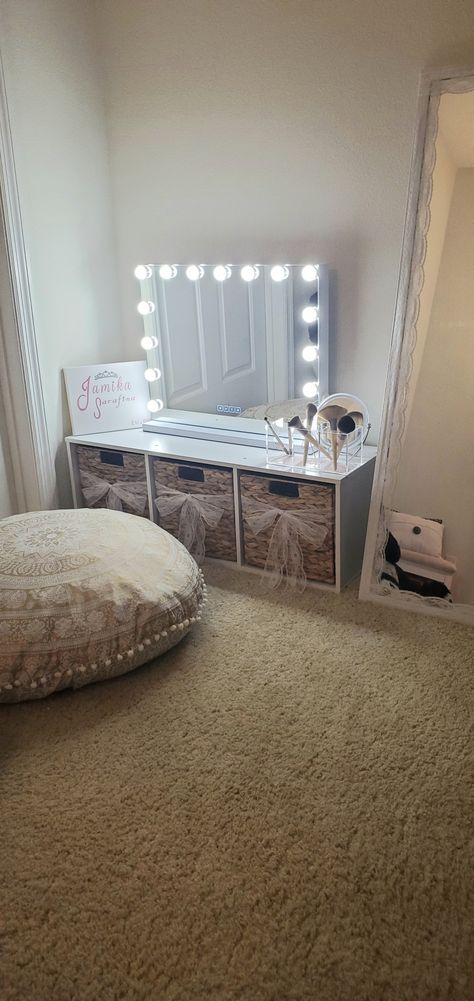 Makeup Set Up In Bedroom On Floor, On The Floor Makeup Station, Getting Ready Area In Bedroom Floor, Sit On Floor Makeup Vanity, Floor Make Up Station, Vanity On The Floor, Cute Get Ready Areas, Makeup Area On Floor, Vanity Mirror Amazon