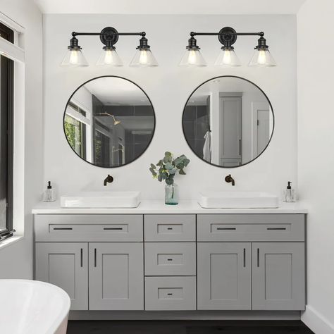 Breakwater Bay Vannatta 3 - Light Dimmable Vanity Light & Reviews | Wayfair Modern Industrial Farmhouse, Black Mirror Frame, Rustic Wall Sconces, Luminaire Mural, Glass Bathroom, Barn Lighting, Bathroom Renos, Black Bathroom, Rustic Walls