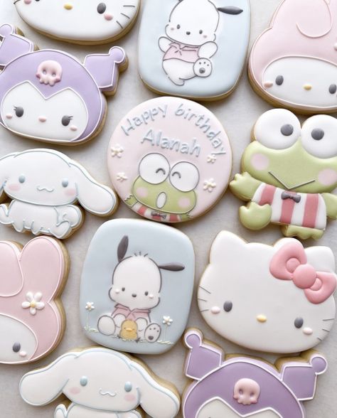 Sanrio Sugar Cookies, Hello Kitty Desserts, Sanrio Desserts, Sanrio Cookies, Sanrio Party, Hello Kitty Birthday Theme, Kitty Cookies, Kawaii Cake, Kawaii Cookies