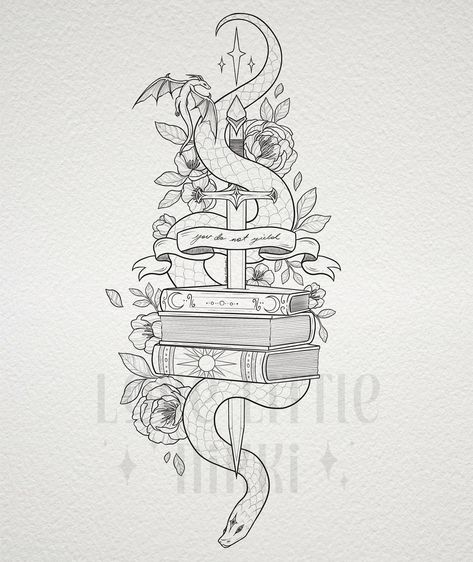 Sjm Book Tattoos, Banned Book Tattoo, Thriller Book Tattoo Ideas, Zade Meadows Tattoo Ideas, Snake And Book Tattoo, Dragon Book Tattoo For Women, Fantasy Book Tattoo Sleeve, Book Thigh Tattoos Women, The Reader Tattoo