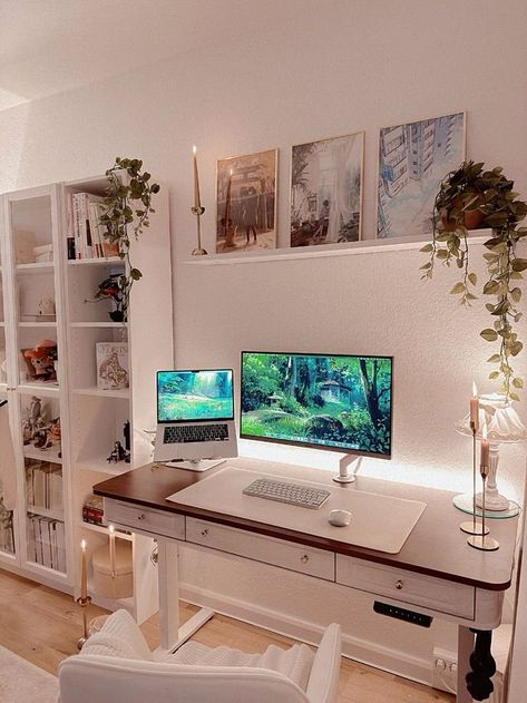 23+ Cozy, Chic & Inspiring Desk Decor Ideas For Your Home Office — ASHLINA KAPOSTA Boho Computer Desk, Home Office Desk In Middle, Feminine Desk Setup, Open Home Office, Desk Anime, Home Office Nook, Desk Decor Ideas, Cozy Desk, Design Hacks