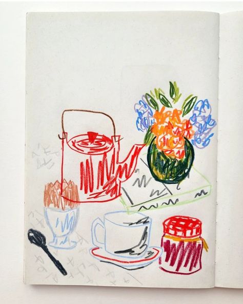 A pencil drawing of a table with a read teapot a small flower arrangement a softboiled egg a book and a jam jar Small Food Drawings, Sketchbook Food Drawings, Pottery Illustration Drawings, Scribble Drawing Doodles, Color Art Drawings, Table Setting Drawing, Drawing On Table, Beginner Art Ideas, Drawing On Pictures