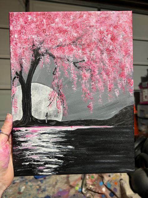 Japanese Flowers Art, Piktura Te Bukura, Big Easy Painting Ideas, Cute Painting Designs, Kid Painting Ideas, Medium Canvas Painting Ideas, Painting Inspiration Easy, Pink Drawings, Painting For Birthday