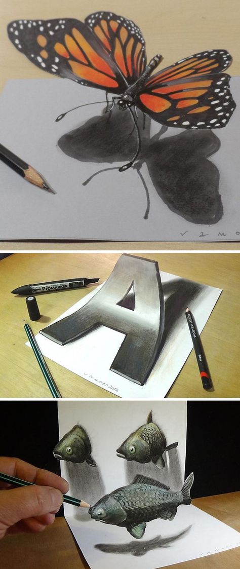 Anamorphic artist Sandor Vamos creates incredible trick-of-the-eye, 3D drawings that seem to jump from their pages. Anamorphic Art Drawings, 3d Ideas Art, 3d Effect Drawing, 3d Painting Ideas, Anamorphic Drawing, 3d Art Ideas, 3d Drawing Ideas, 4d Art, 3d Drawing Tutorial