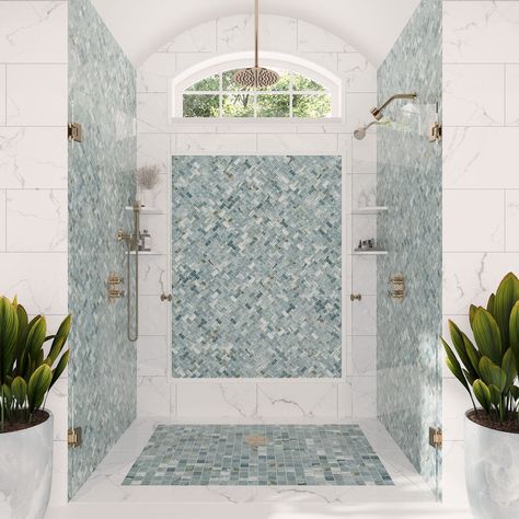 Blue Shower Tile, Tiled Bathroom, Luxury Bathroom Tiles, Bathroom Projects, Green Mosaic, Unique Tile, Backsplash Designs, Shower Surround, Mosaic Pattern