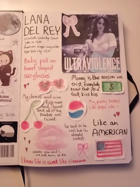 Lana Del Rey Birthday Cards, Lana Del Rey Birthday Card Ideas, Lana Del Rey Aesthetic Journal, Lana Del Rey Inspired Art, Lana Del Rey Journal Aesthetic, Lana Del Rey Sketchbook, Lana Del Rey Journal Page, Lana Del Rey Crafts, Lana Del Rey Scrapbook