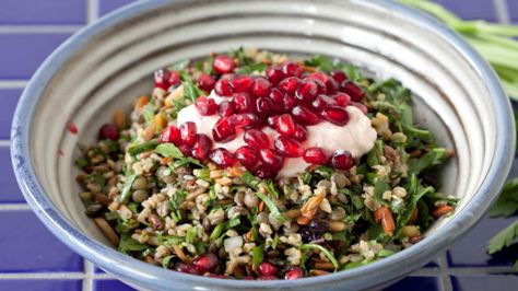 George Calombaris' Cypriot grain salad recipe. You need to make this to-die-for Mediterranean salad, finished with fresh pomegranate. Grain Salad Recipes, Greek Salads, Puy Lentils, Grain Recipes, Popular Dishes, Aussie Christmas, Grain Salad, Mediterranean Salad, Toasted Pumpkin Seeds