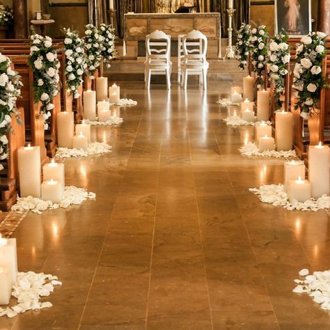 Wedding Decor For Ceremony, Wedding Aisle Diy Decor, Chapel Isle Decorations, Tall Aisle Decorations Wedding, Candlelight Wedding Aisle, Civil Ceremony Decor, Elegant Wedding Isles, Candle Wedding Alter Ceremony Backdrop, Ceremony Room Decoration