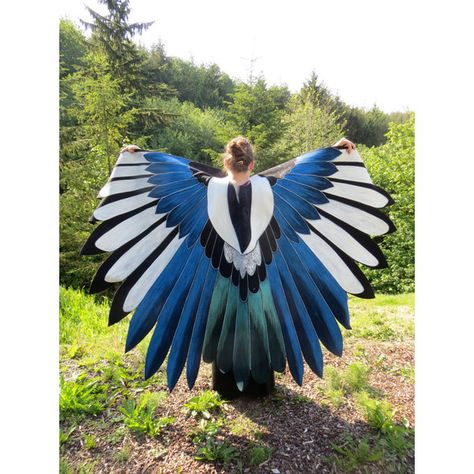 European Magpie Bluejay Custom Bird Wings Cloak Hand Painted (5 570 ZAR) ❤ liked on Polyvore featuring home, home decor, european home decor and bird home decor Magpie Mask, Magpie Costume, Bird Costume Diy, Bird Costume, Bird Wings, Wings Costume, Fantasy Costumes, Vestidos Vintage, Blue Jay