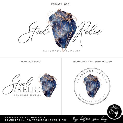 Editable Gemstone Logo Template Bundle, DIY Edit Crystal Logo, Instant Premade Business Logo, Watercolor Geometric Logo Design SR-001 Crystal Logo Design, Gemstone Logo, Watercolor Crystal, Beautiful Cursive Fonts, Watercolor Geometric, Geometric Logo Design, Logo Watercolor, Trendy Fonts, Calligraphy Art Print