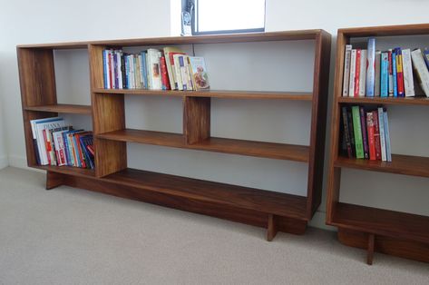 Low Book Shelf, Couch Shelves, Long Low Bookcase, Bookshelf Designs, Wide Bookshelf, Stair Shelves, Bookcase Ideas, Low Bookshelves, Room Divider Shelves