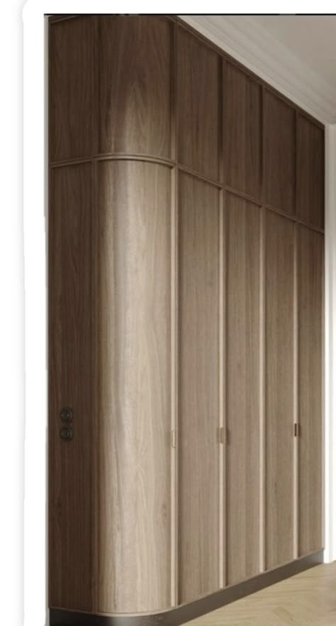 Curved Closet, Curved Wardrobe, Entry Way Interior, White Oak Paneling, Oak Closet, Guest Room Library, Haven Bedroom, Oak Paneling, Minimalist Bedrooms