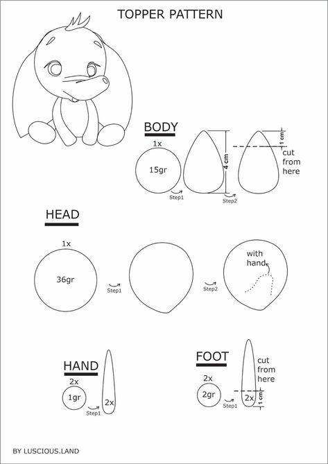 Clay Templates Patterns, Fondant Toppers Tutorial, Fondant Patterns, Fondant Templates, Fondant Animals Tutorial, Clay Templates, Cake Topper Template, Kue Fondant, Fondant Elephant