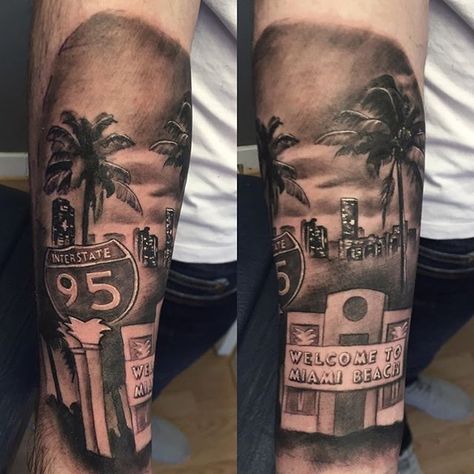 Florida Leg Sleeve Tattoo, Miami Skyline Tattoo, Florida Tattoo Sleeve, Florida Sleeve Tattoo, Florida Tattoos For Men, Miami Tattoo Ideas Men, Florida Tattoo Ideas For Men, Miami Tattoo Ideas, Apprentice Tattoos