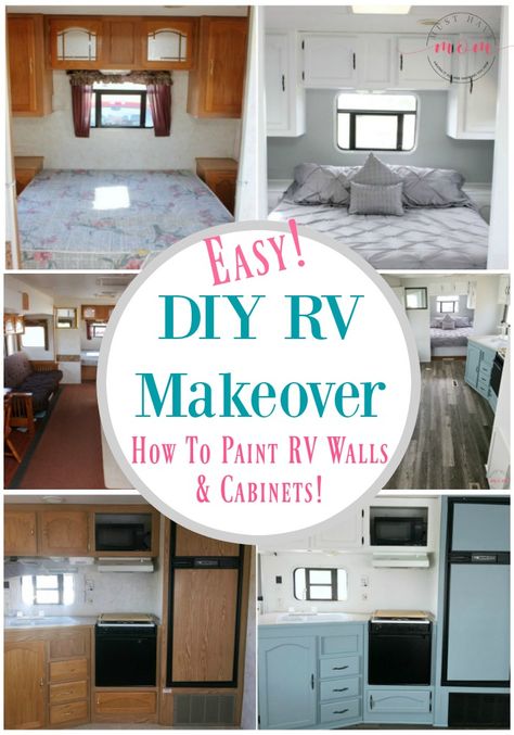 Easy RV Makeover with instructions to remodel RV interior, paint RV walls, paint 2 tone kitchen cabinets! LOVE!! ad Paint Rv, Astuces Camping-car, Rv Redo, Kombi Motorhome, Camping Vintage, Camper Trailer Remodel, Rv Renovation, Kombi Home, Diy Camper Remodel