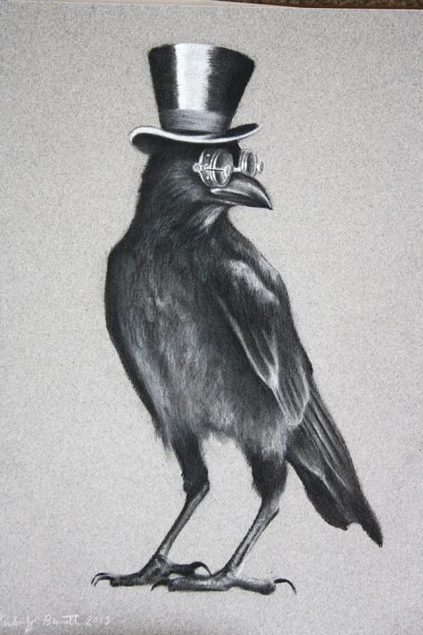 CROW WITH HAT AND GLASES Crow Drawing, Crow Images, Crows Drawing, Black Bird Tattoo, Raven Bird, Arte Grunge, Crow Tattoo, Arte Peculiar, Raven Tattoo