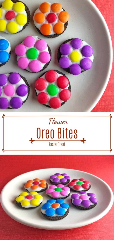 Flower Oreo Bites for Easter - Bite-sized snacks made with just 2-ingredients. Cute and colourful treat for kids. Make And Bake Ideas For Preschool, Spring Baking For Kids, April Snacks For Kids, Easter Food Activities For Kids, Garden Snacks For Preschool, Kindergarten Snacks For Classroom, Spring Toddler Snacks, Spring Themed Snacks For Kids, Spring Desserts For Kids