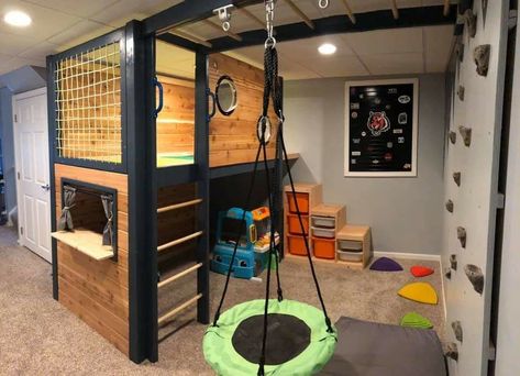 Living Room Playground, Toddler Boy Room Loft Bed, Kids Basement Play Area, Sensory Playroom Ideas, Indoor Playground Basement, Basement Kids Hangout, Basement Toy Room, Kids Playroom Basement, Sensory Gym