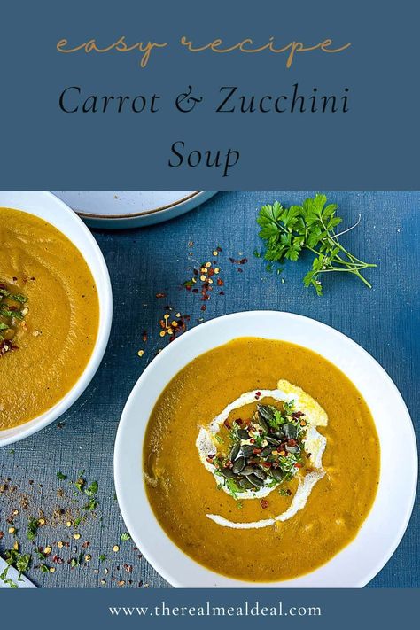 Easy carrot and zucchini soup with a little curry powder for extra kick. Simple ingredients and just 5 minutes prep time. Carrot Zucchini Soup, Courgette Soup Recipe, Courgette Soup, Easy Homemade Soups, Zucchini Soup Recipes, Carrot Zucchini, Gluten Free Dinner Easy, Zucchini Soup, Homemade Soup Recipe