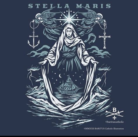 Baritus Catholic, Catholic Illustration, Catholic Artwork, Star Of The Sea, Catholic Wallpaper, Sea Tattoo, Stella Maris, Jesus Christ Art, Christian Symbols