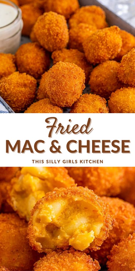 A fun, tasty, and easy treat, this Fried Mac and Cheese from This Silly Girl's Kitchen is gooey, cheesy, and crispy. The perfect game time treat or for a tasty appetizer for any occasion. This is a really family-friendly recipe, as who doesn’t love macaroni and cheese, but this recipe takes it up a notch by breading and deep frying it. Try it out today! Fried Mac N Cheese, Deep Fried Bacon, Fried Mac N Cheese Balls, Fried Macaroni And Cheese, Food Recipes For Dinner, Diner Ideas, Fried Mac And Cheese, Scrumptious Food, Easy Treat